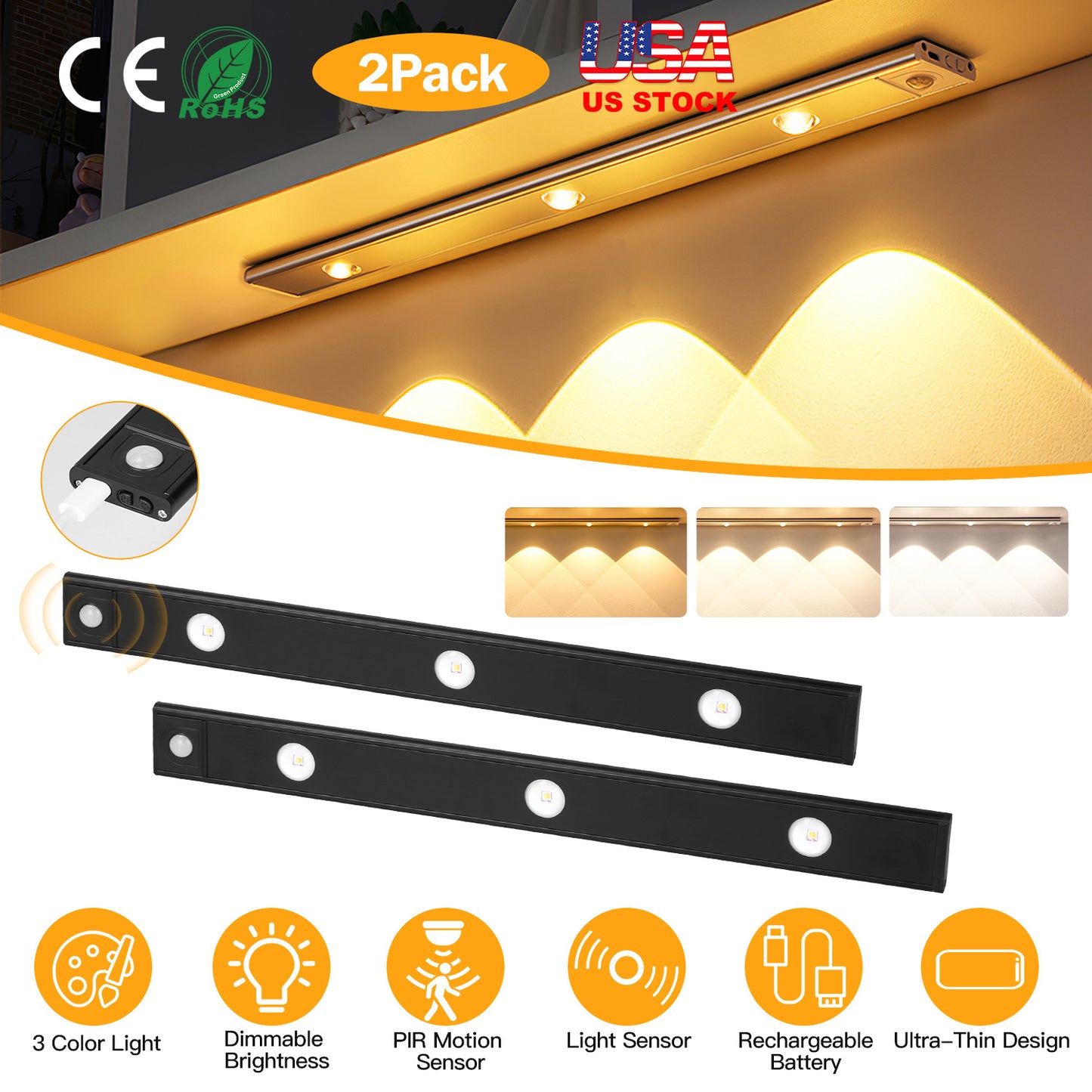 2Pack Rechargeable Cabinet Light Motion Sensor Light Cordless LED Closet Lamp 3 Colors Dimmable Light for Kitchen Cabinet