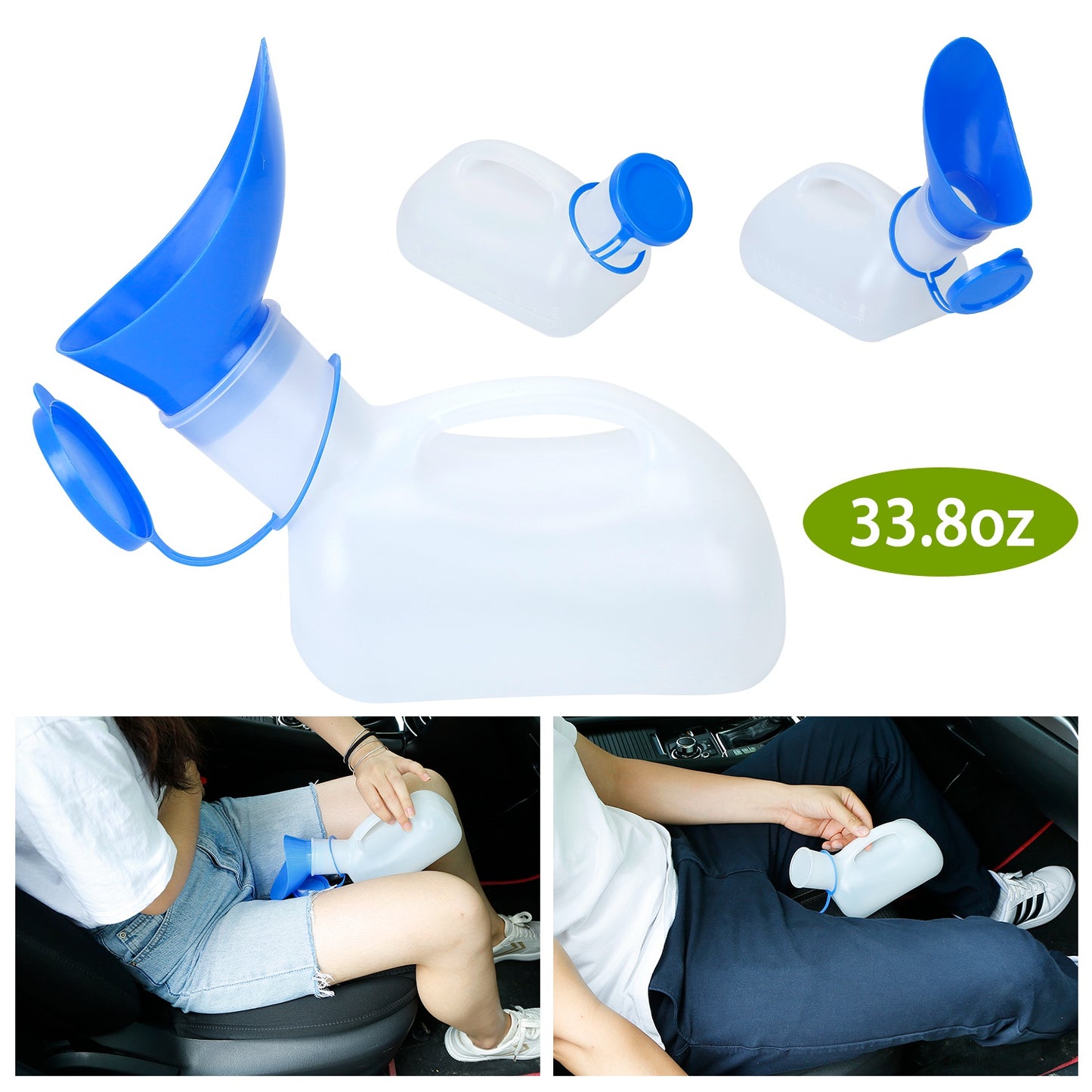 Unisex Potty UrinalÊBottle 1000ML/33.8OZ Adult EmergencyÊUrinal Device Portable Male Female Toilet w/ Lid Funnel For Car Camping Travel Hospital Outdo