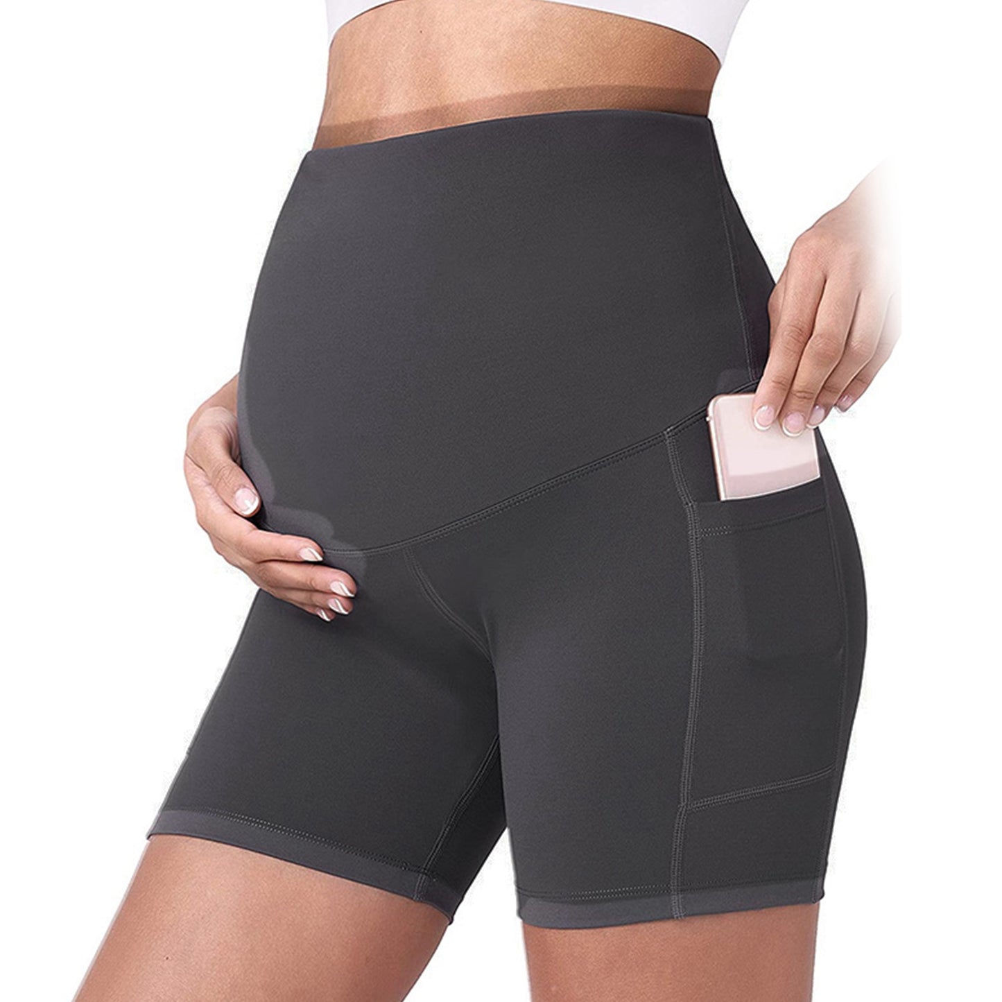 Women Maternity Shorts Seamless Pregnancy Underwear Shapewear Fitness Yoga Running Shorts High Waist Over The Belly Pants with Two Side Pockets