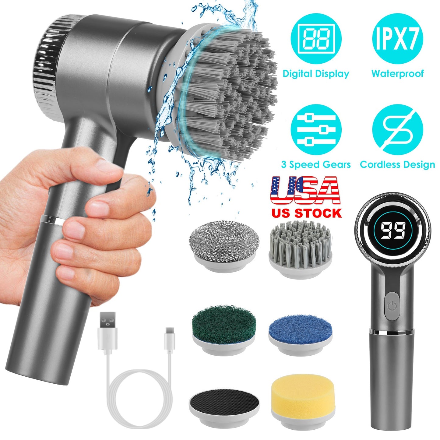 Electric Spin Scrubber Cordless Handheld Rechargeable Cleaning Brush With 5 Replaceable Heads IPX7 Waterproof 3 Speeds Handheld Spin Scrubber For Tub