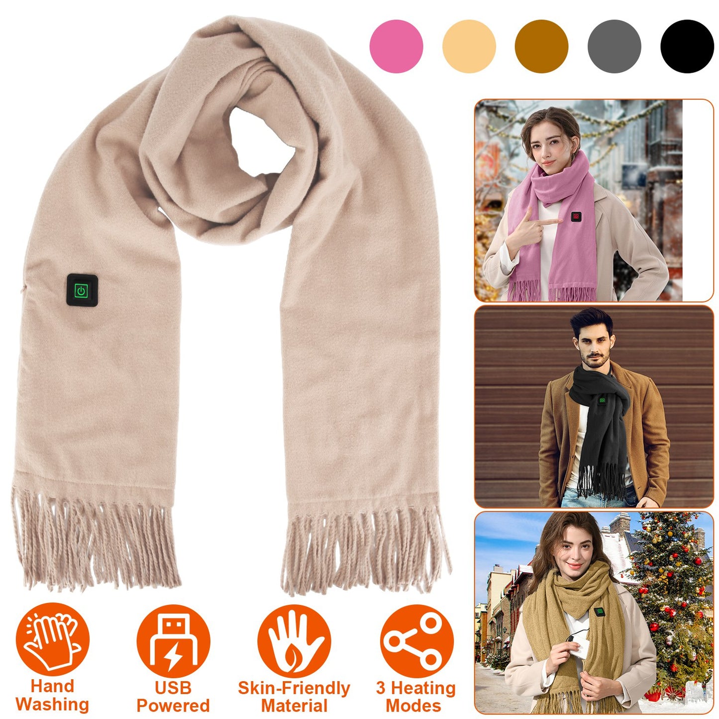 Electric Heated Winter Scarf USB Heating Neck Wrap Unisex Heated Neck Shawl Soft Warm Scarves 3 Heating Modes for Outdoor Cycling Skiing Skating