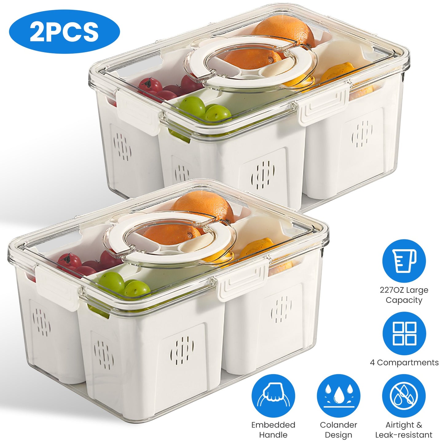 2Pack Airtight Fruit Storage Containers 4-Compartment Food Storage Containers Fruit Vegetable Organizers with 8 Removable Colanders for Fridge Picnic