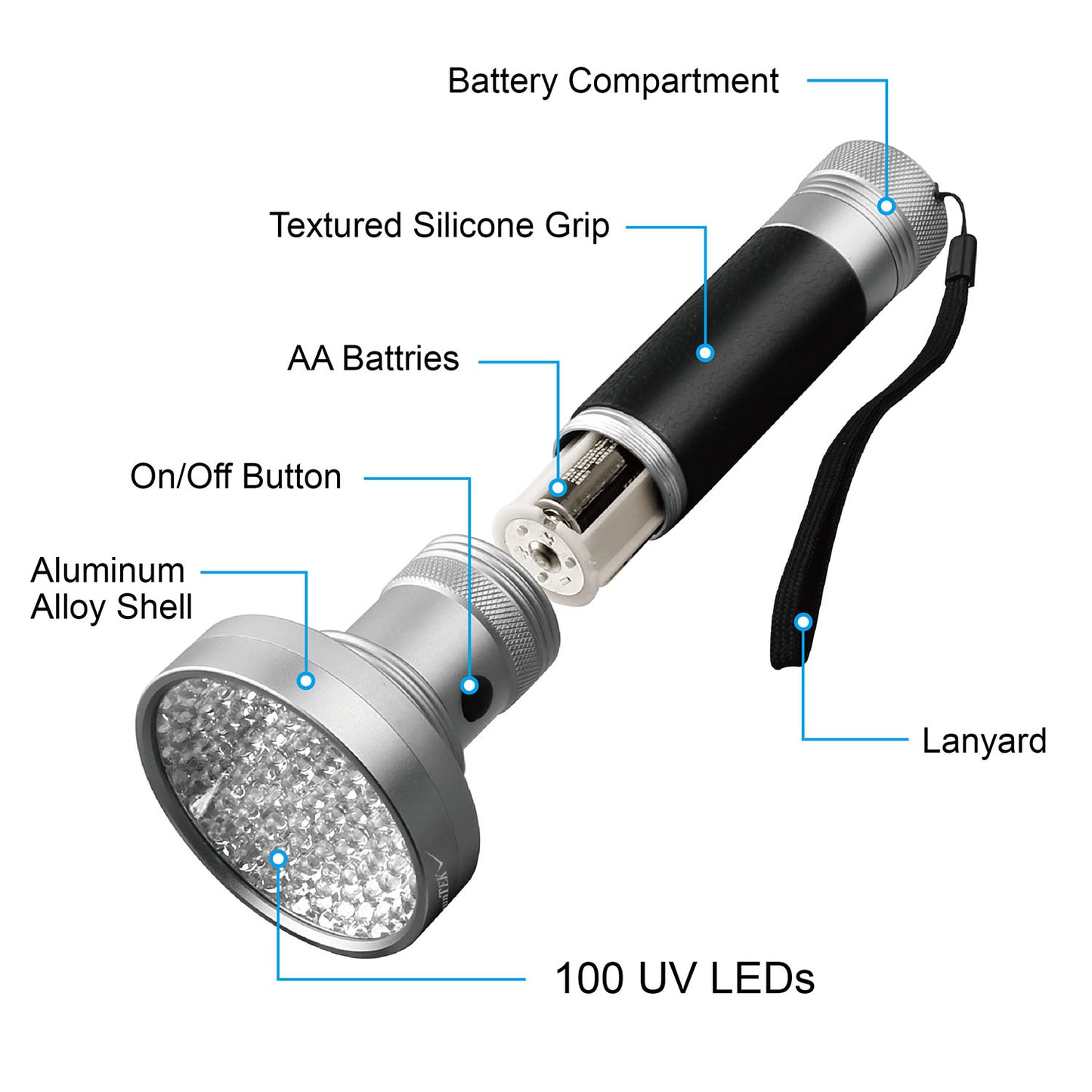 100-LED Blacklight Ultraviolet Detection Aluminum Flashlight