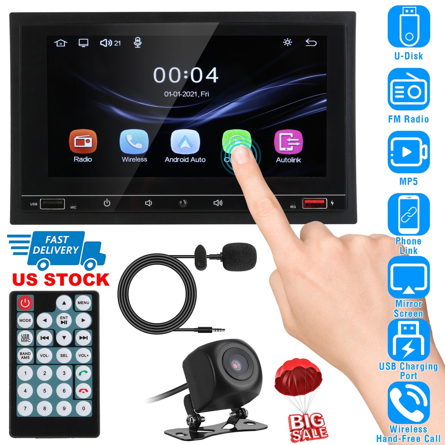 7In Universal Wireless Car MP5 Player 1080P Video Player Stereo Audio FM Radio Aux/USB Input with Rear View Camera Remote Control