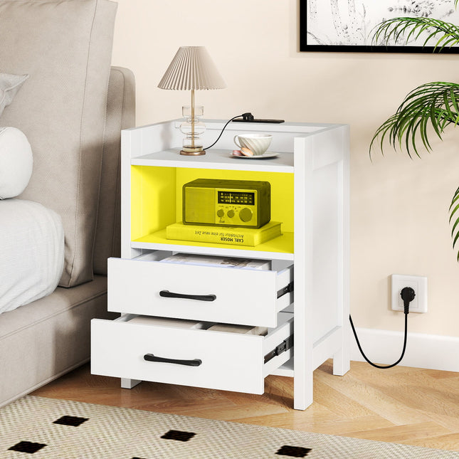 23.5 Inches Nightstand with Charging Station and Open Storage Shelf-White