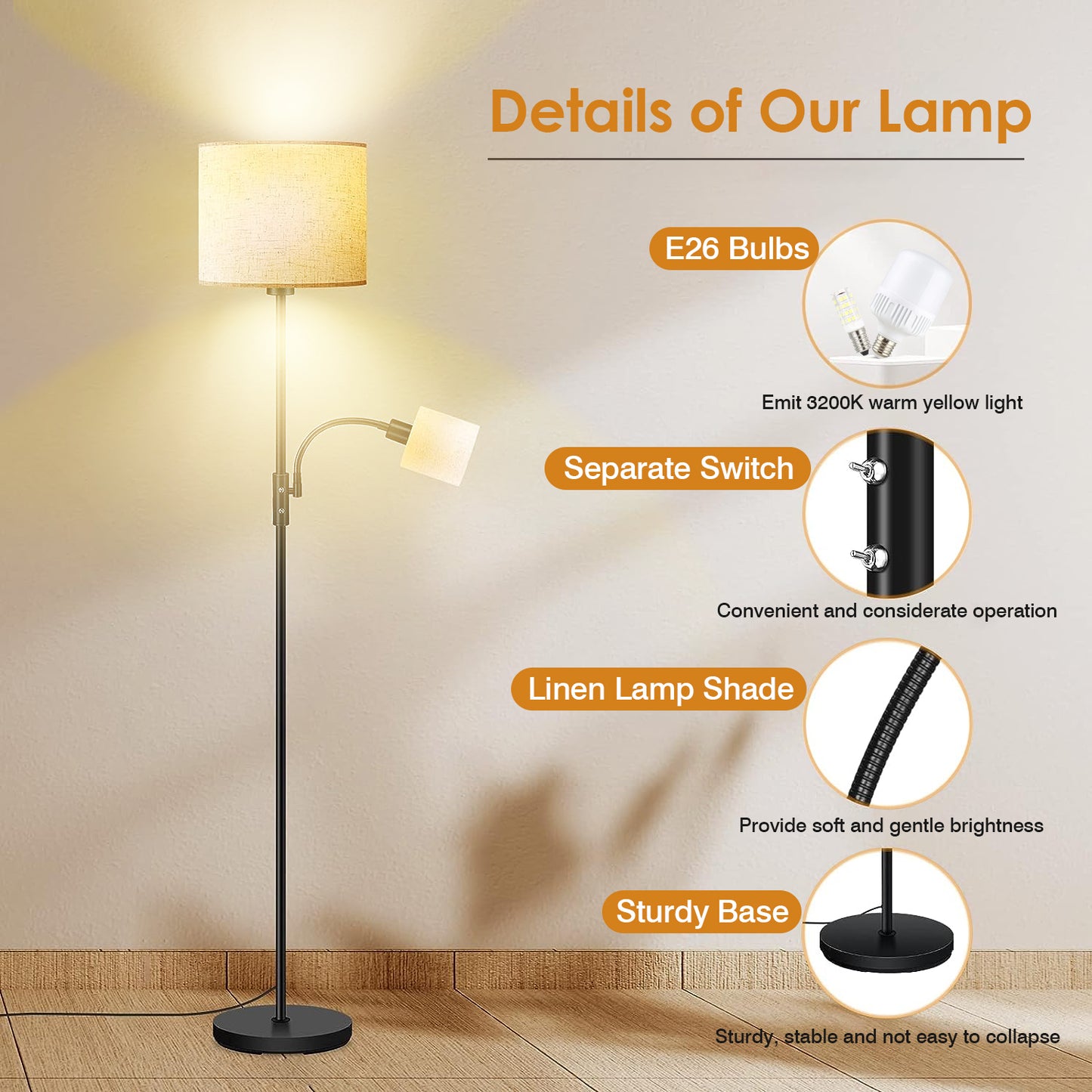 67.32In Mother Daughter Floor Lamp with Linen Shade 3200K Brightness 360¡ Adjustable Reading Light Modern Decoration Standing Lamp for Living Room Bed