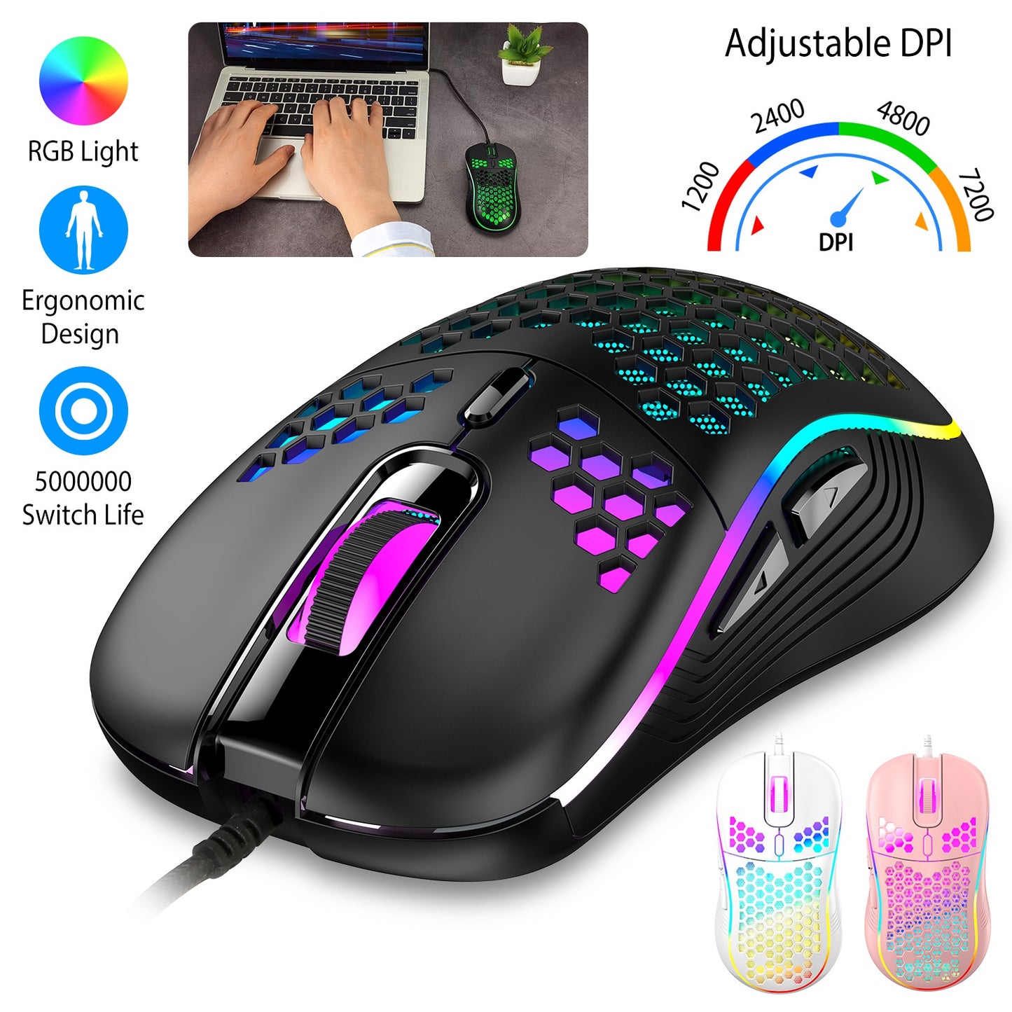 Wired Gaming Mouse 7200 DPI Laptop Optical Mouse Honeycomb Lightweight  Mouse with 4 Adjustable DPI Levels 7 Changeable Colors 6 Keys