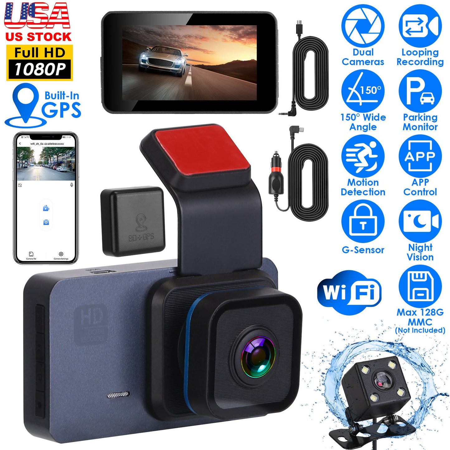 1080P Dual Lens Dash Cam Vehicle Driving Recorder Car DVR with WiFi GPS G-Sensor APP Control Motion Detection Parking Monitor Night Vision