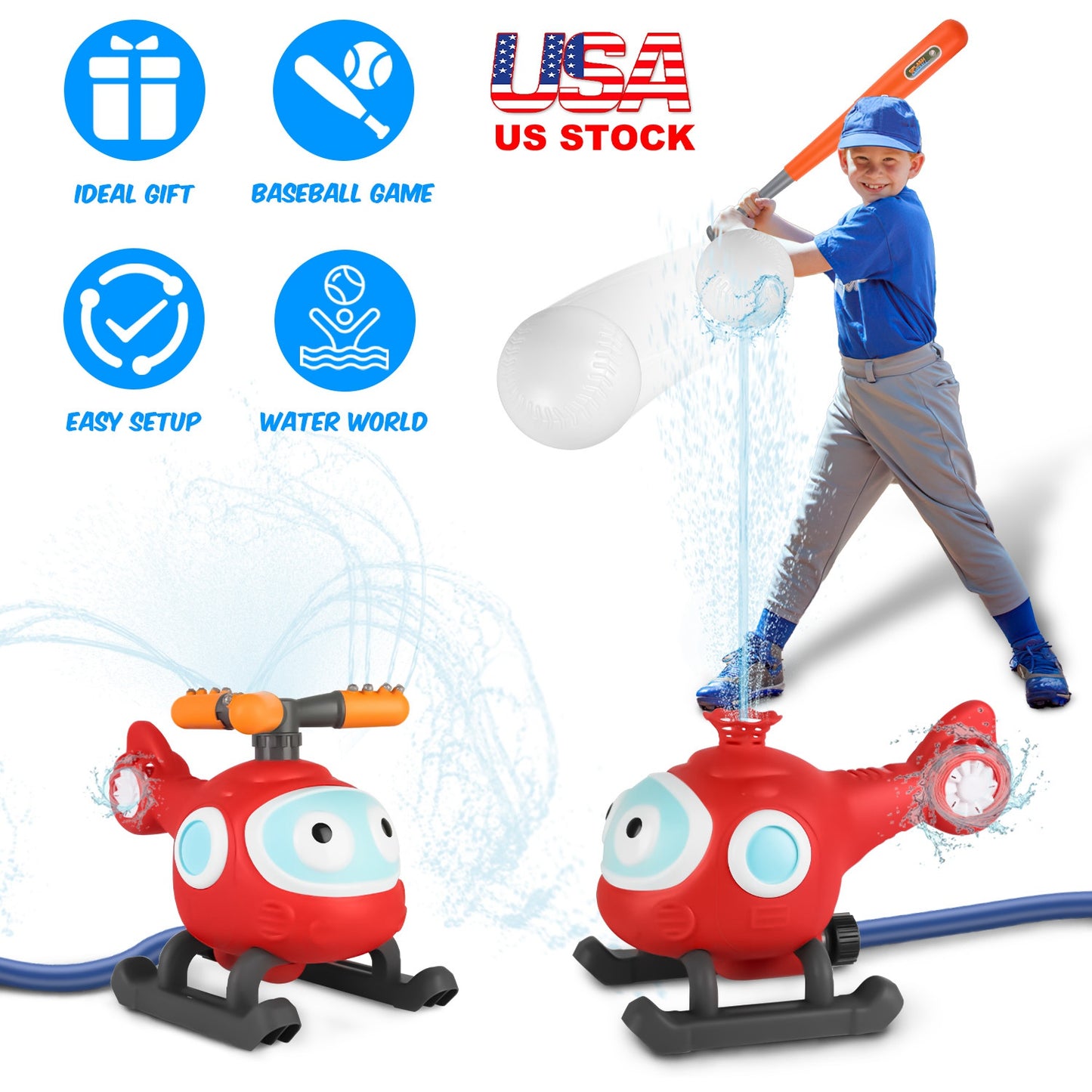 2 In 1 Water Sprinkler Baseball Helicopter Toy for Kids 360¡Rotating Water Tee Ball Set for Backyard Lawn Pool Party Outdoor Summer Game for 3+ Years