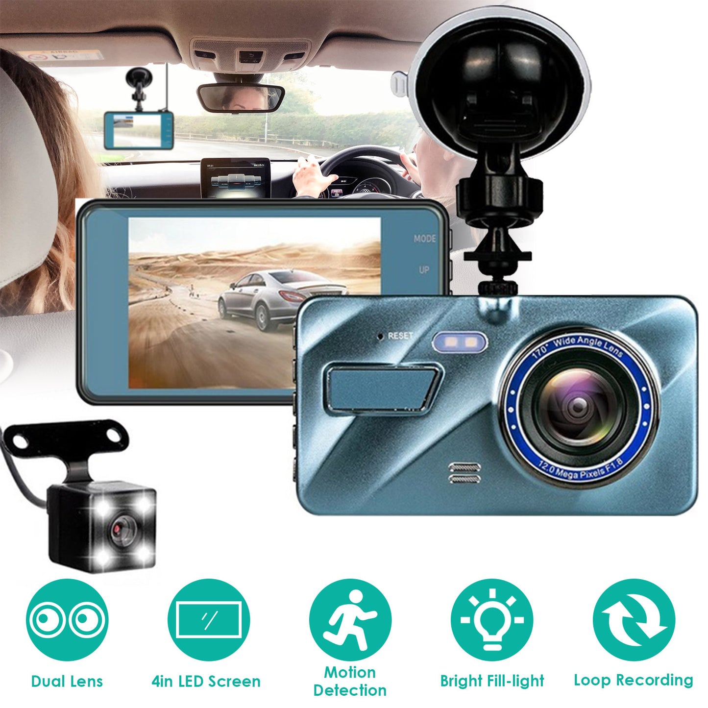 720P Dual Dash Cam Car Camera Recorder Looping Recording Car DVR Driving Vehicle Recorder with Motion Detection Light