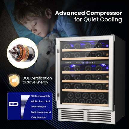 Dual Zone Wine Cooler for 51 Bottles with Reversible Door-Silver