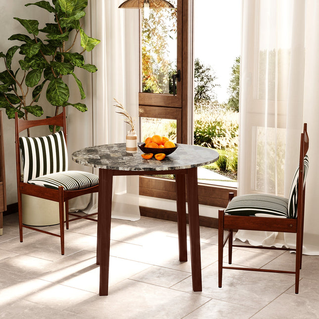 35 Inch Round Dining Table with Rubber Wood Legs and Marble-textured Veneer Tabletop
