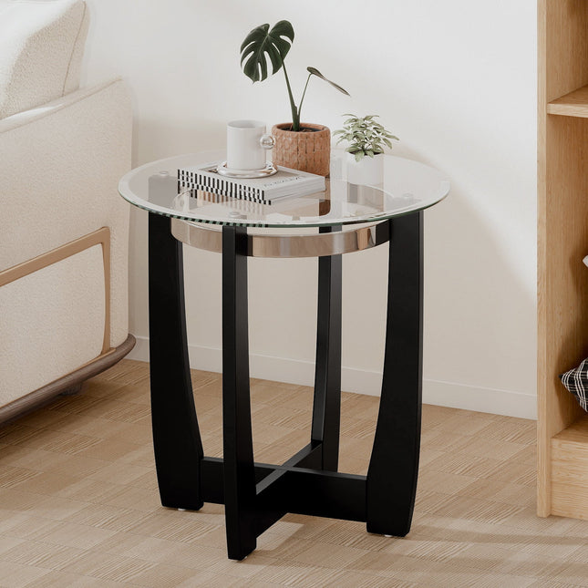 24 Inches Round Side Table with Tempered Glass Top and Solid Rubber Wood Base