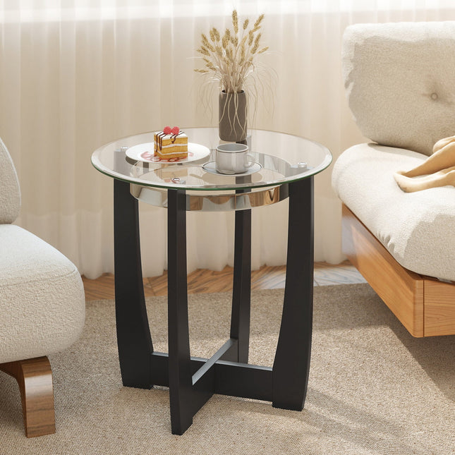 24 Inches Round Side Table with Tempered Glass Top and Solid Rubber Wood Base