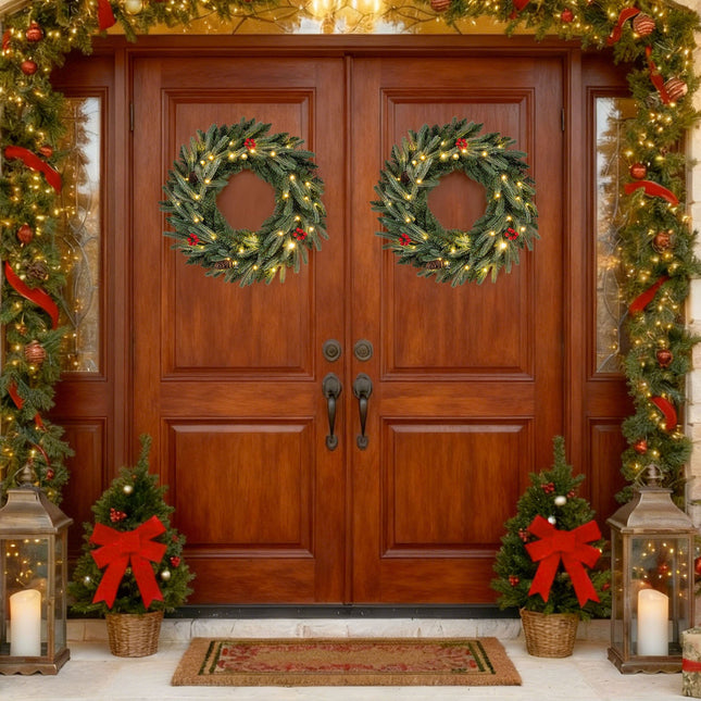 24‚Äù Pre-lit Christmas Wreath Set of 2 Front Door Artificial Xmas Wreath with 90 Frosted Branch Tips