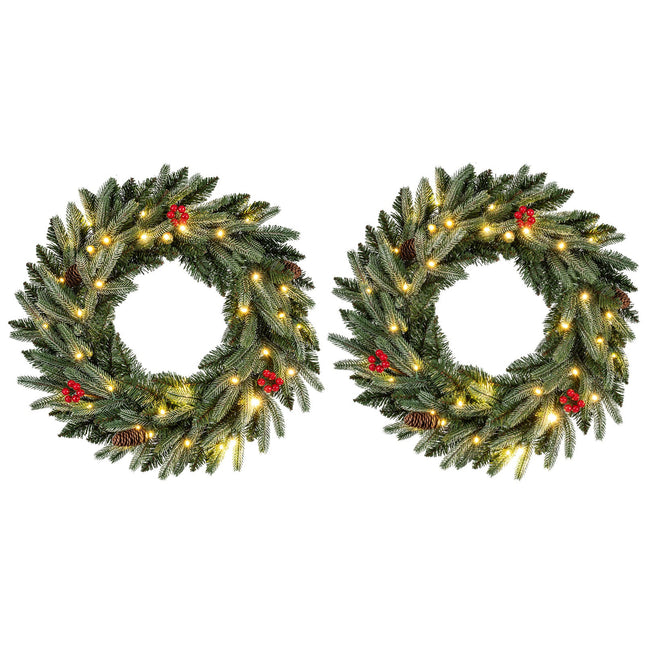 24‚Äù Pre-lit Christmas Wreath Set of 2 Front Door Artificial Xmas Wreath with 90 Frosted Branch Tips
