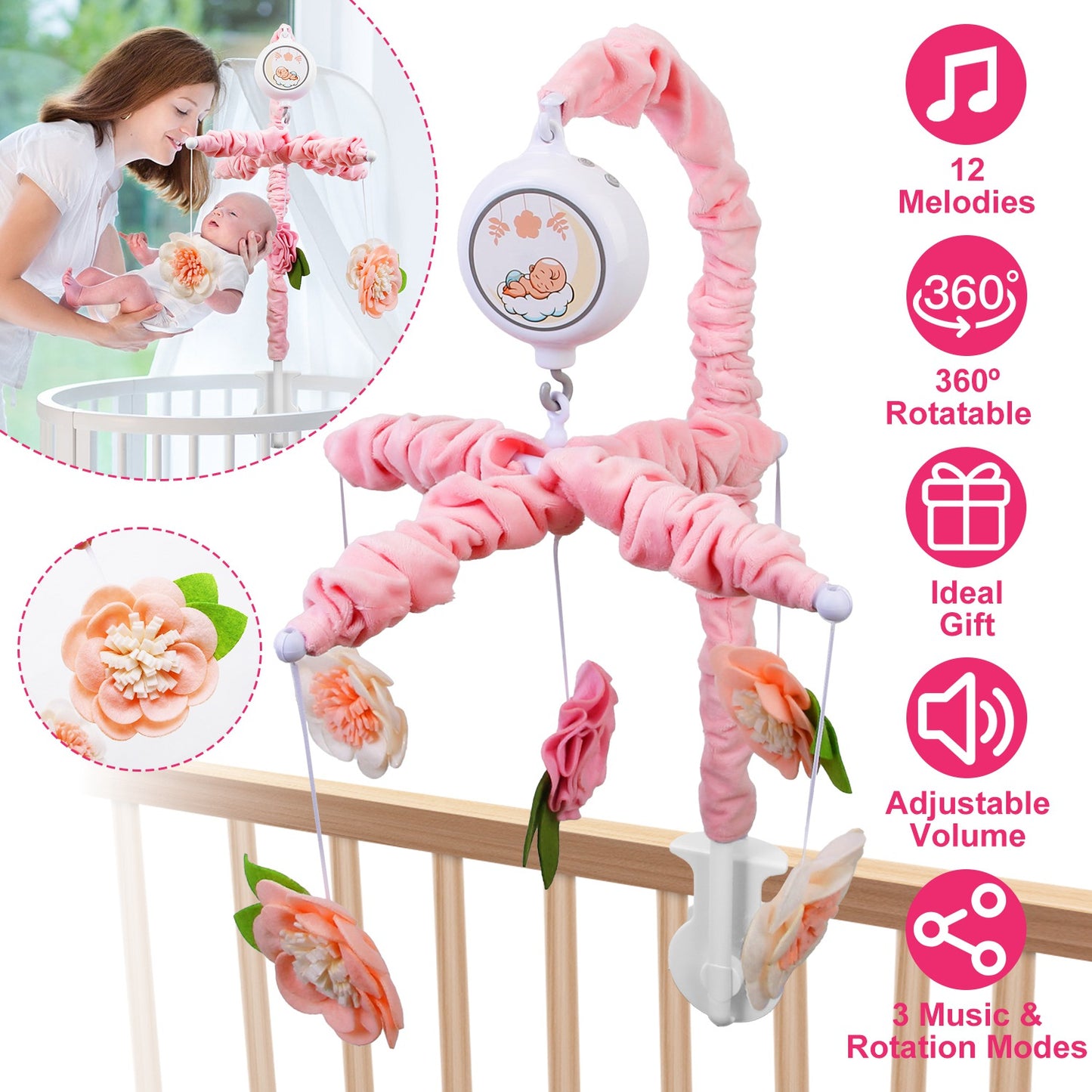 Musical Crib Mobile for Girls Baby Musical Crib Bed Bell Nursery Mobile with 12 Melodies 5 Flower Rattles 3 Modes Volume Adjustment Newborn Gift