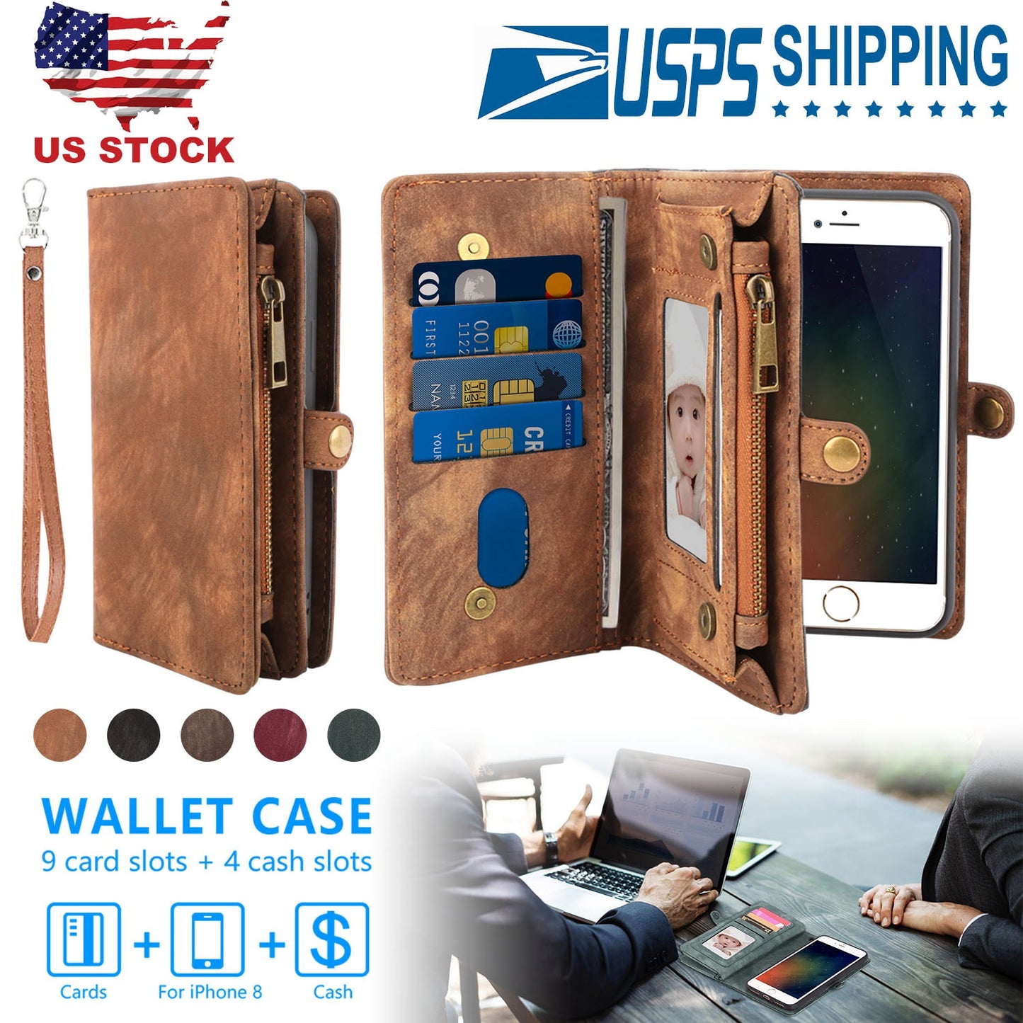 Phone Wallet Case For iPhone 8 Portable Wallet Case 2 in 1 Leather Zipper Magnetic Detachable 13 Card Slots Money Pocket Clutch Cover W/ID Widows