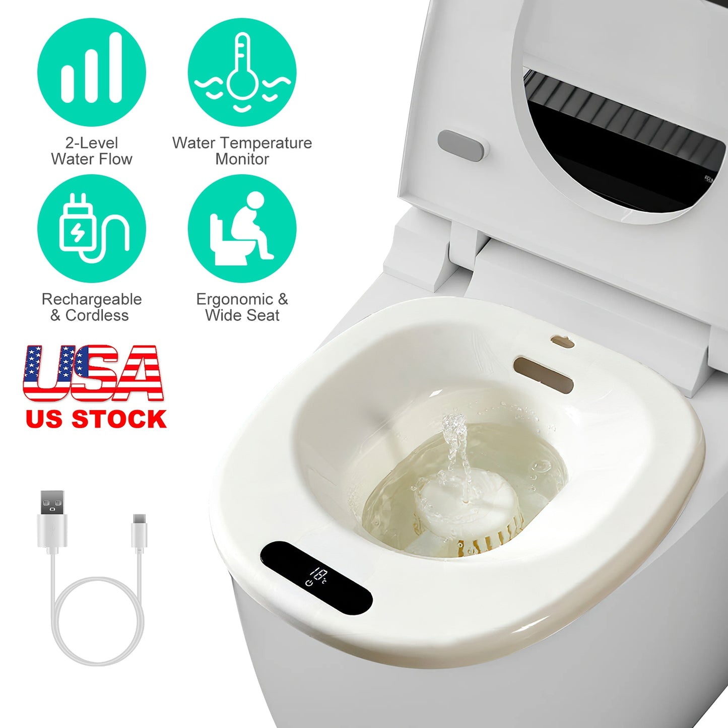 Electric Sitz Bath Tub Sits Bath Soak Pan Salts BowlÊPostpartum Care Basin for Toilet Seat with 2-Level Water Flow Water Temperature DisplayÊ1500mAh B