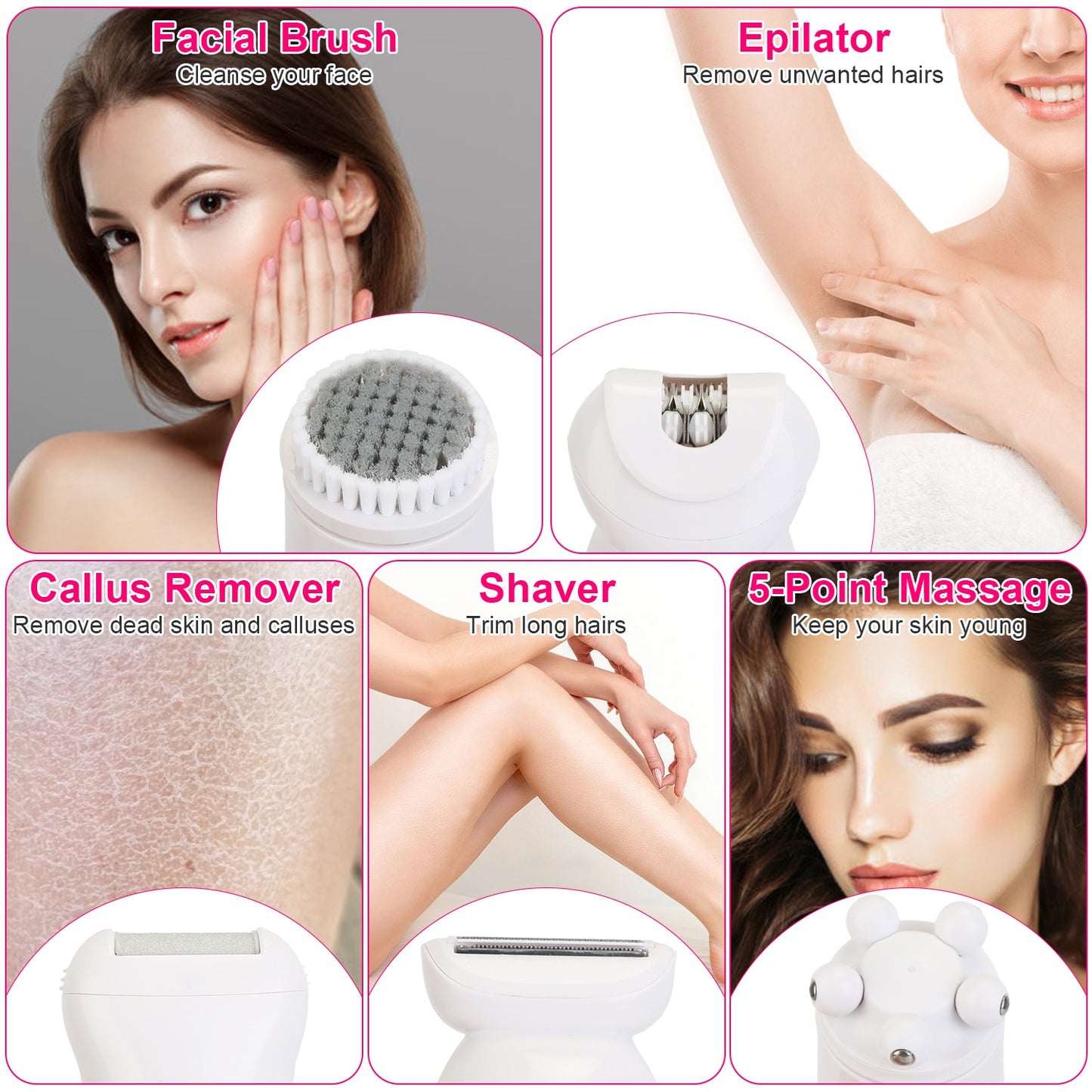 5 In 1 Electric Body Epilator Rechargeable Women\'s Grooming Kit Epilator Shaver Facial Brush Callus Remover 5-Point Massager with LED Light LED Displ