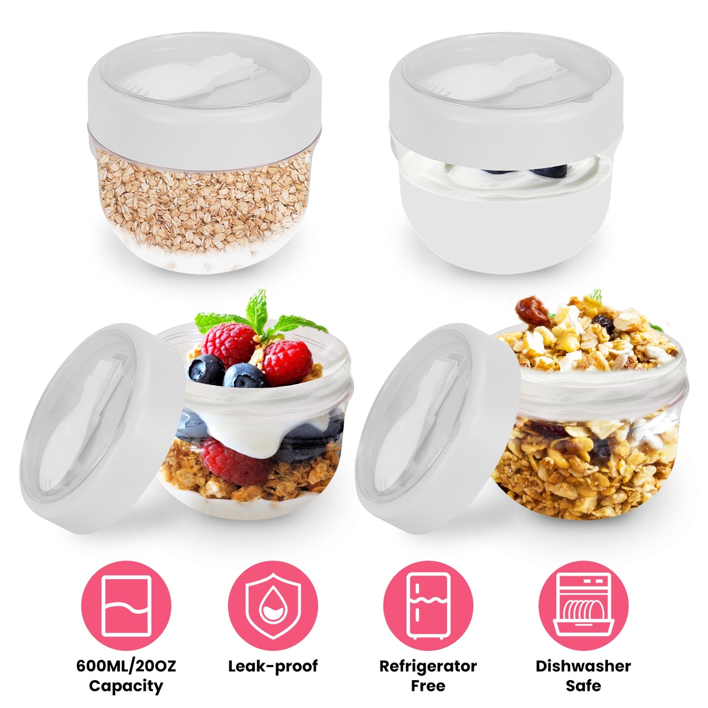 4Pcs Overnight Oats Containers with Lids and Folding Spoons 20OZ Portable Leak-proof Oats Jar For Milk Vegetable and Fruit Salad Yogurt Breakfast Cere