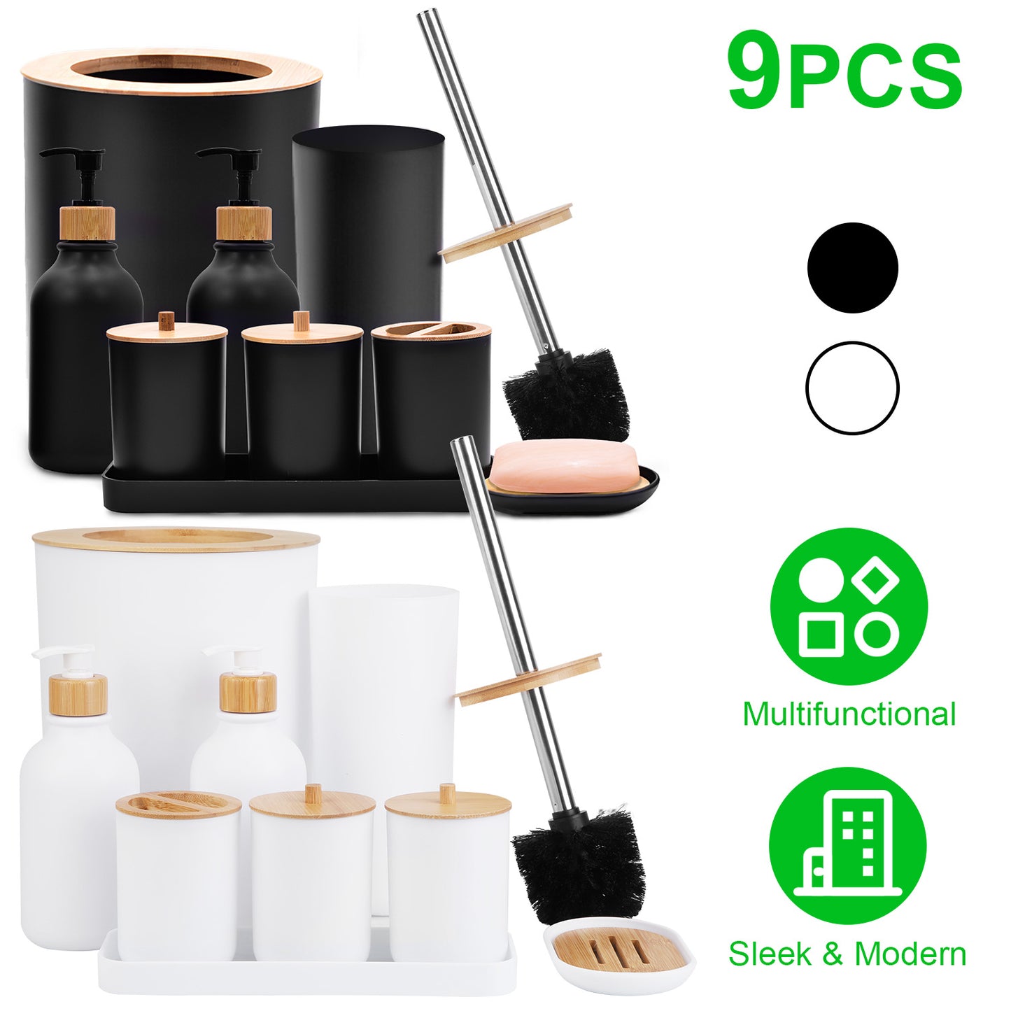 9Pcs Bathroom Accessories Set Trash Can Lotion Soap Dispensers Q-tip Holders Toothbrush Holder Soap Dish Vanity Tray Toilet Brush Black White