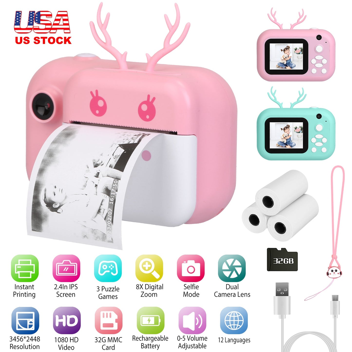 Kids Instant Print Camera 2.4in Digital Zero Ink Selfie Camera 1080P HD Video Recorder Toddler Camera with Dual Lens 3 Roll Print Papers Cute Stickers