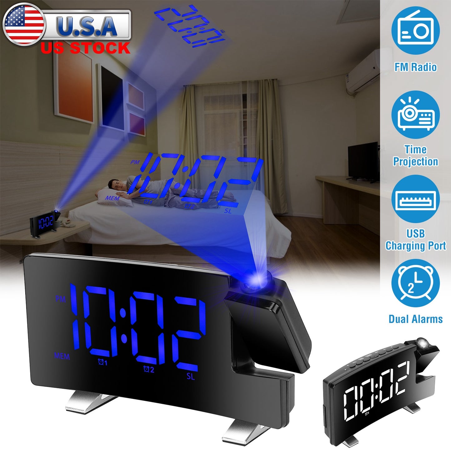 Projection Alarm Clock with Radio Function 7.7In Curved-Screen LED Digital Alarm Clock w/ Dual Alarms 4 Dimmer 12/24 Hour USB Charging Port 180¡ Rotat