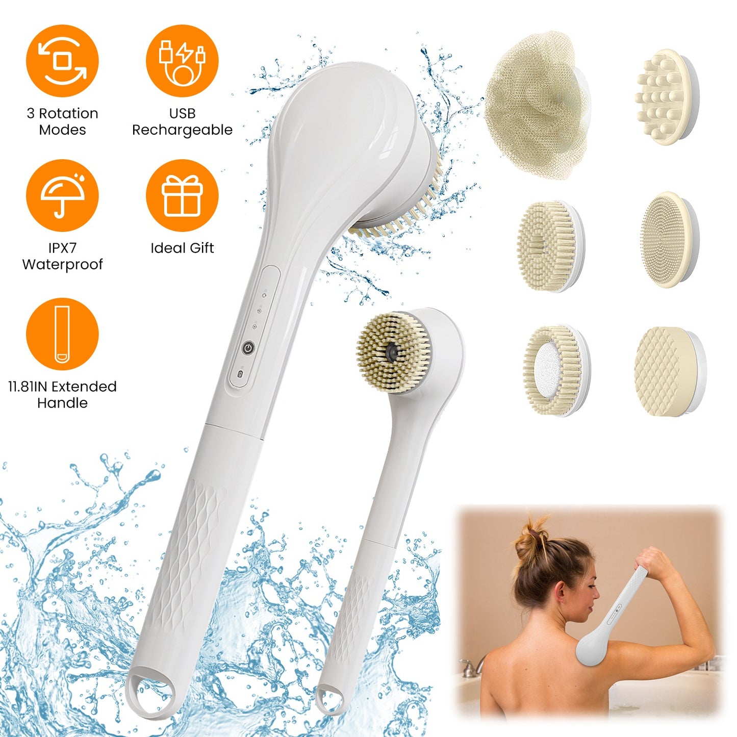 Electric Bath Brush Body Scrubber Rechargeable Massaging Spin Brush with 6 Shower Brush Heads 3 Rotating Modes Extended Handle