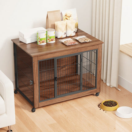 Dog Crate Furniture with Lockable Wheels & Dual Doors