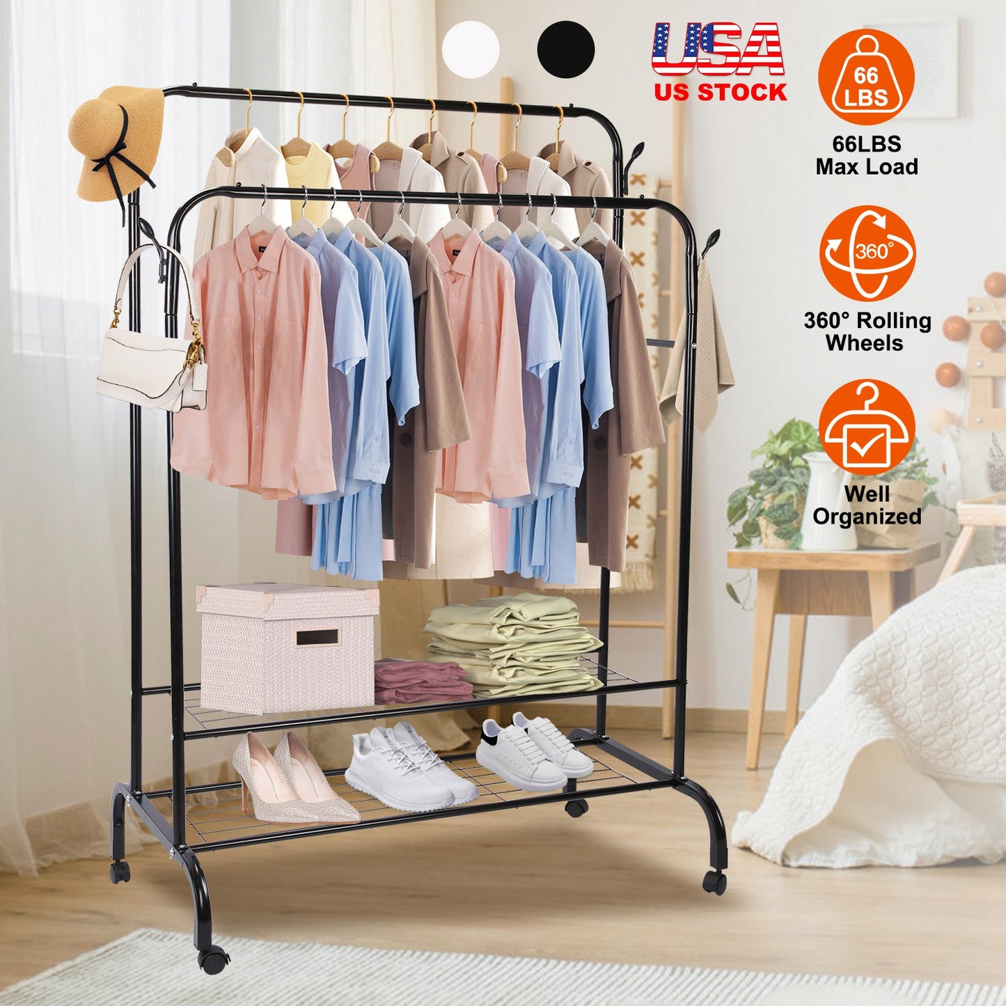 Garment Hanging Rack Clothing Hanging Rail Pillow Shoe Display Organizer Clothes Organizer Stand with 2 Rails 2 Shelves 4 Rolling Wheels 4 Hooks