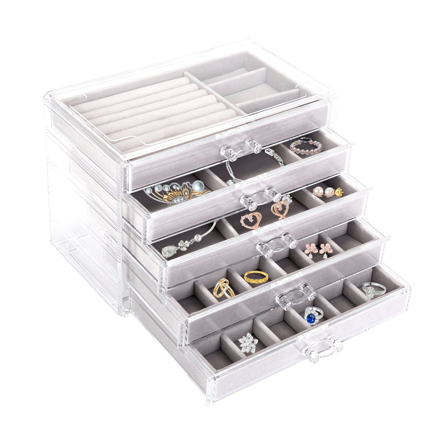 Clear Acrylic Jewelry Box Organizer with 5 Drawers Stackable Jewelry Holder Velvet Storage Case for Earrings Rings Bracelets Necklaces Ideal Gift for