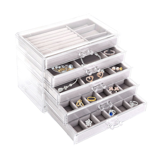 Clear Acrylic Jewelry Box Organizer with 5 Drawers Stackable Jewelry Holder Velvet Storage Case for Earrings Rings Bracelets Necklaces Ideal Gift for