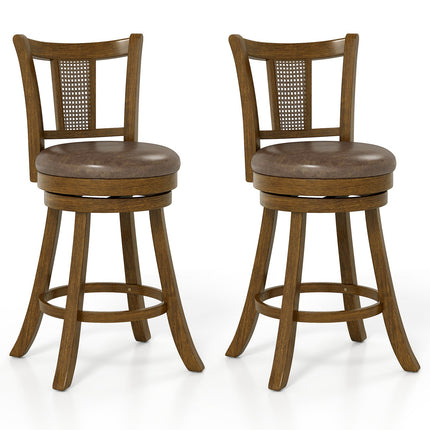 Swivel Bar Stools Set of 2 with Rattan Backrest - Brown