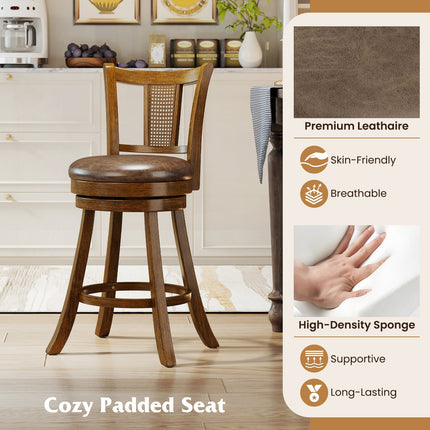Swivel Bar Stools Set of 2 with Rattan Backrest - Brown