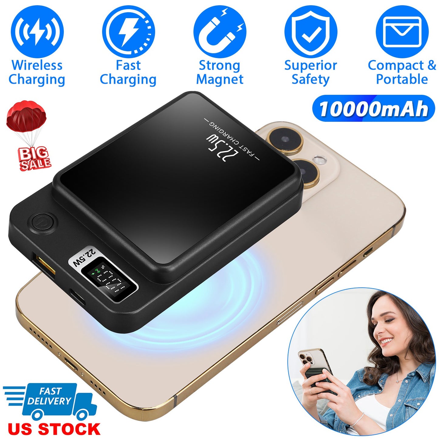 2 In 1 Magnetic Wireless Power Bank 10000mAh PD20W Fast Charger MagSafe Wireless Power Bank Fit for IOS Phones IOS Phone 14 Series And More