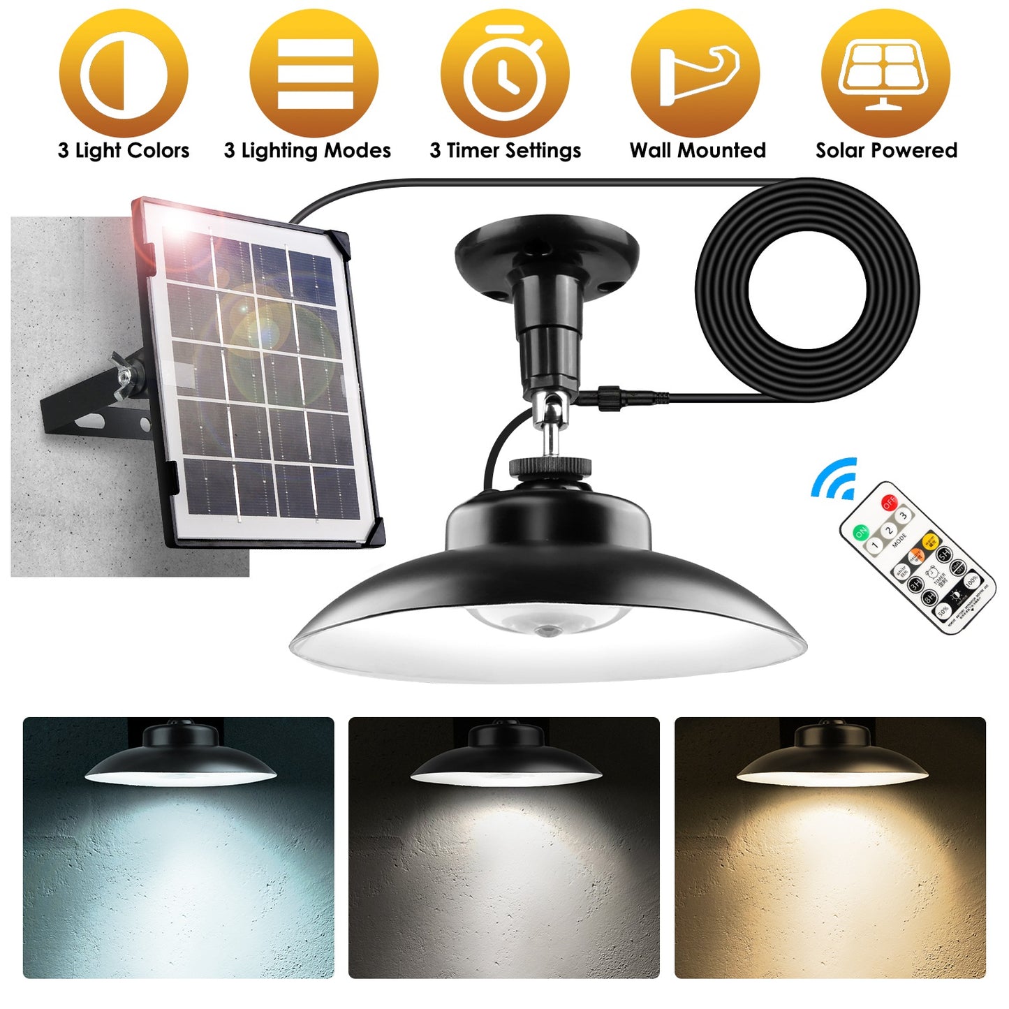 Solar Shed Light with Separate Panel Wall Mounted Solar Pendant Light Indoor Outdoor with Remote Timer 3 Modes 3 Light Colors IP 55 Waterproof for Gaz