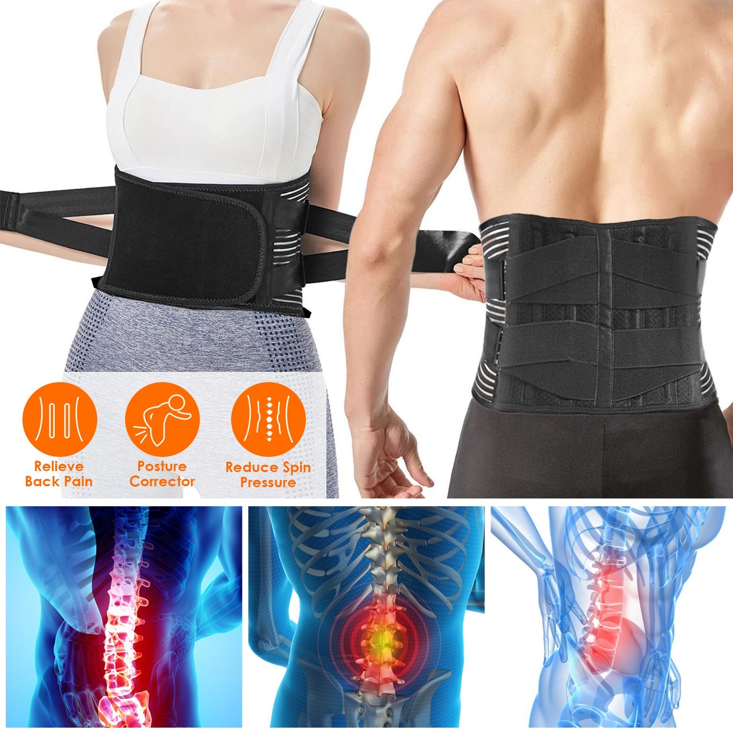 Back Support Brace Breathable Mesh Lumbar Support BeltÊAdjustable Lower Back Brace with Stays and Springs for Pain Relief for Men Women