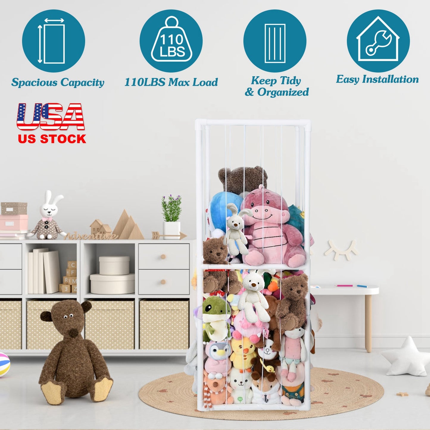 Stuffed Animal Storage PVC Plush Organizer Shelf Plush Stuffed Animal Holder Standing Kids Toy Storage Cage with Elastic Band for Nursery Play Room Be