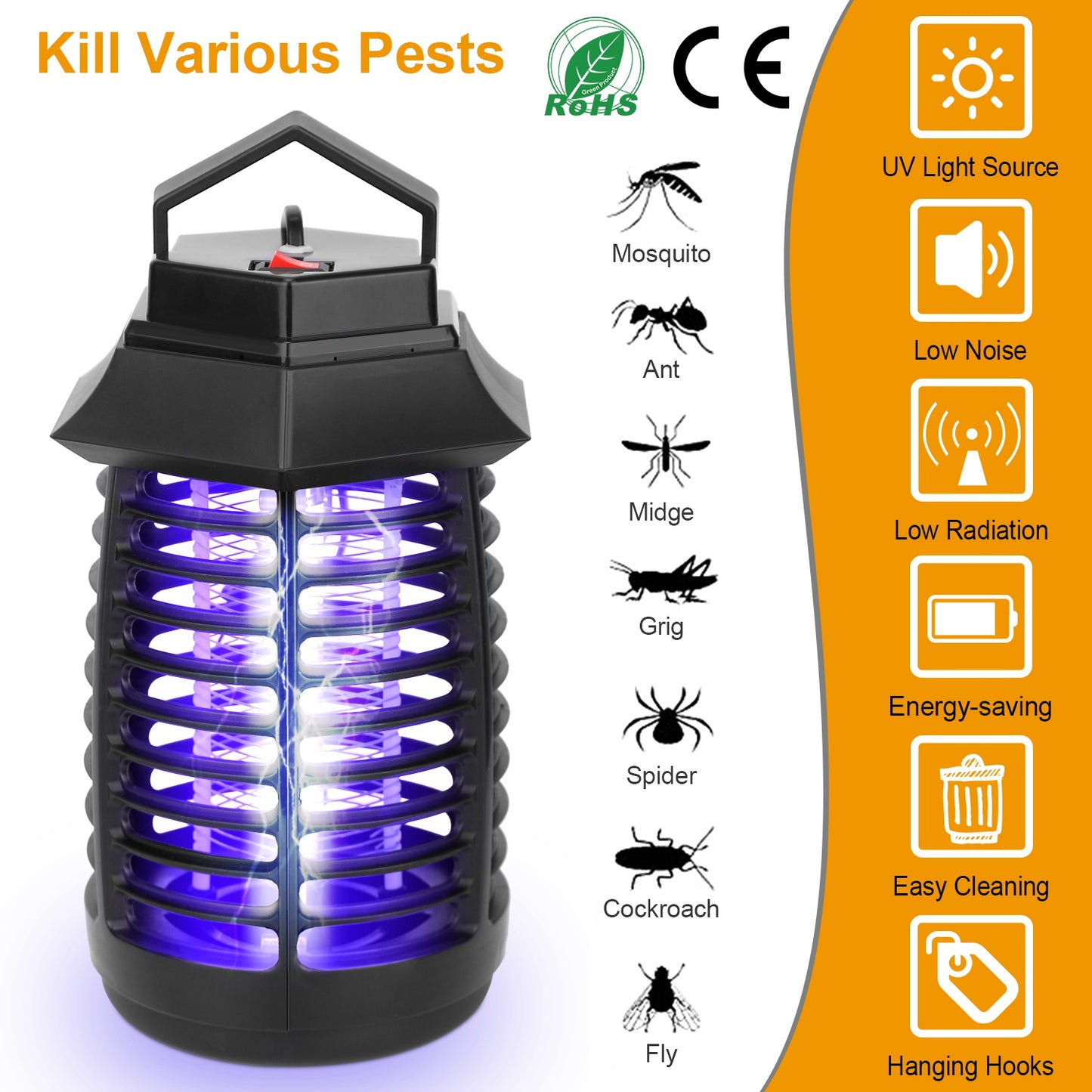 Bug Zapper Electric UV Mosquito Killer Lamp Insect Killer Light Pest Fly Trap Catcher Harmless Odorless Noiseless Narrow Safe Gap For Home Restaurant