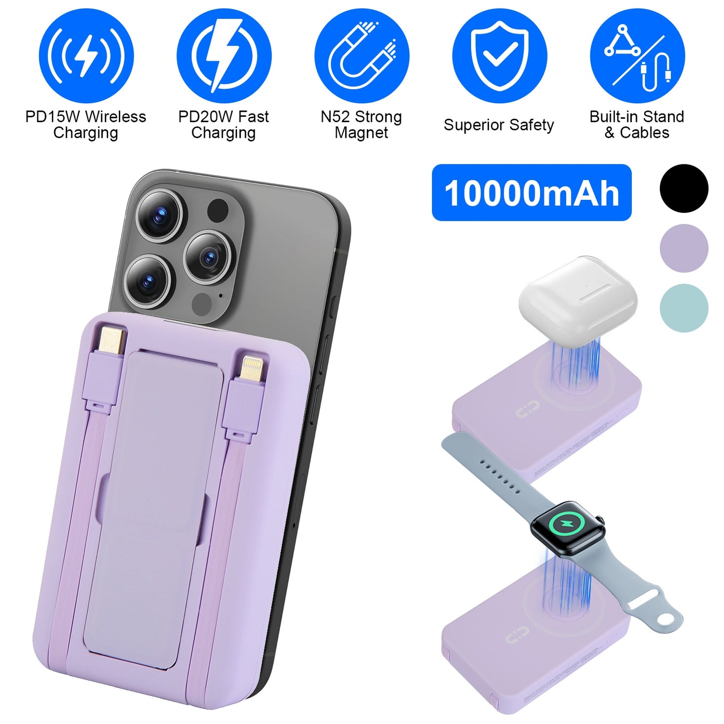 3 In 1 10000mAh MagSafe Fast Charging Power Bank PD20W Portable Charger with 2 Built In Cables Stand Fit for IOS Phone 16 15 13 Series And More