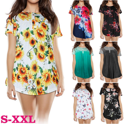 Women Summer Shirts Tops Loose Short Sleeve T Shirts Casual Floral Printed Button Shirts Blouse S-XXL