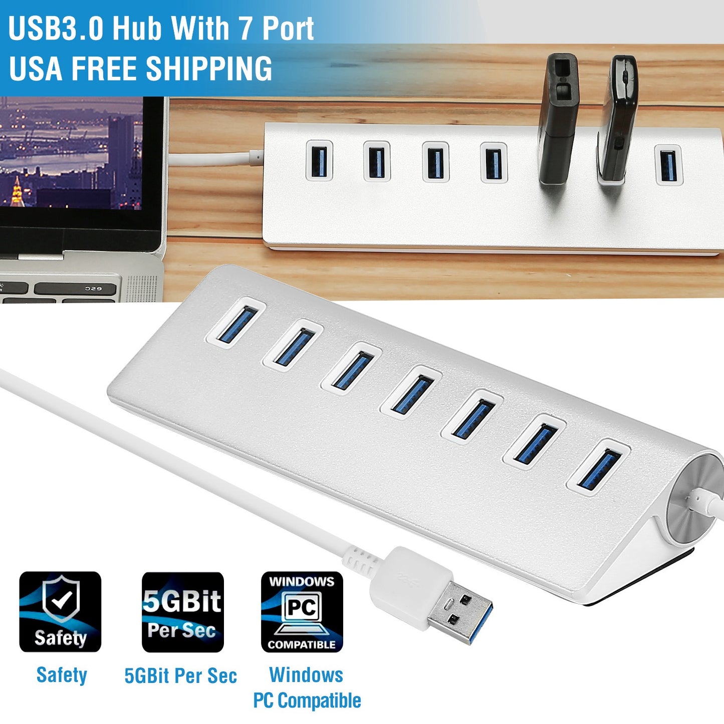 7-Port USB 3.0 Hub Portable Super Speed USB Data Hub with 1ft USB 3.0 Cable for Windows Linux Mac Devices