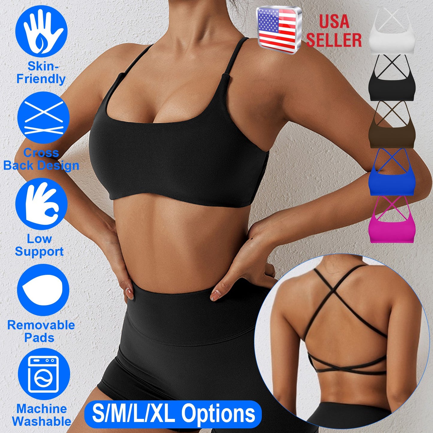 Women Cross Back Sport Bras Padded StrappyÊCrop Open Back Low Impact Bras SexyÊFitnessÊTank Tops with Removable Pads Thin Straps for Gym Yoga Workout