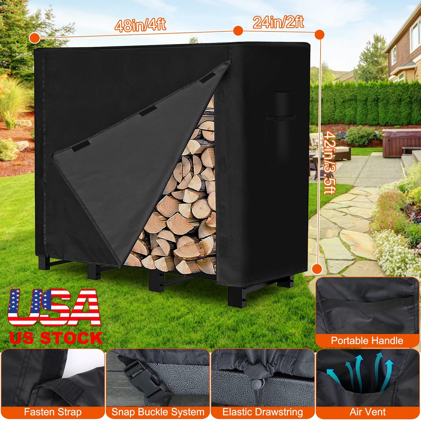 4FT Firewood Log Rack Cover Rectangular Wood Rack Cover 420D Oxford Fabric Waterproof Windproof UV Resistant Tear-resistant 48x24x42in Black