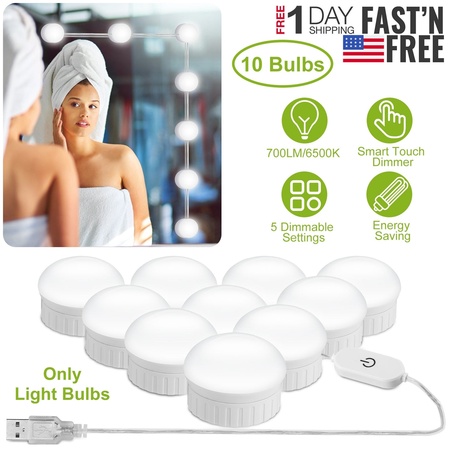 LED Vanity Mirror Lights Kit 6500k Dimmable Makeup Mirror Lights for Vanity Table Bathroom Dressing Room