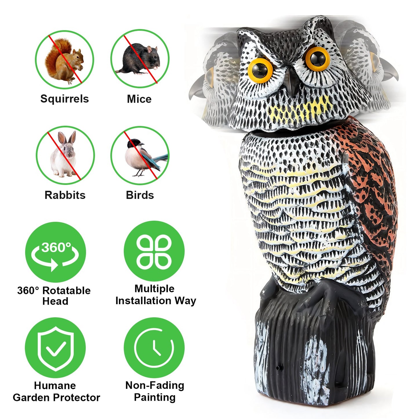 Lifelike Owl Decoy with 360 Degree Rotatable Head Scare Bird Squirrel Away Pest Repellent Bird Deterrent Outdoor Garden Yard Protector