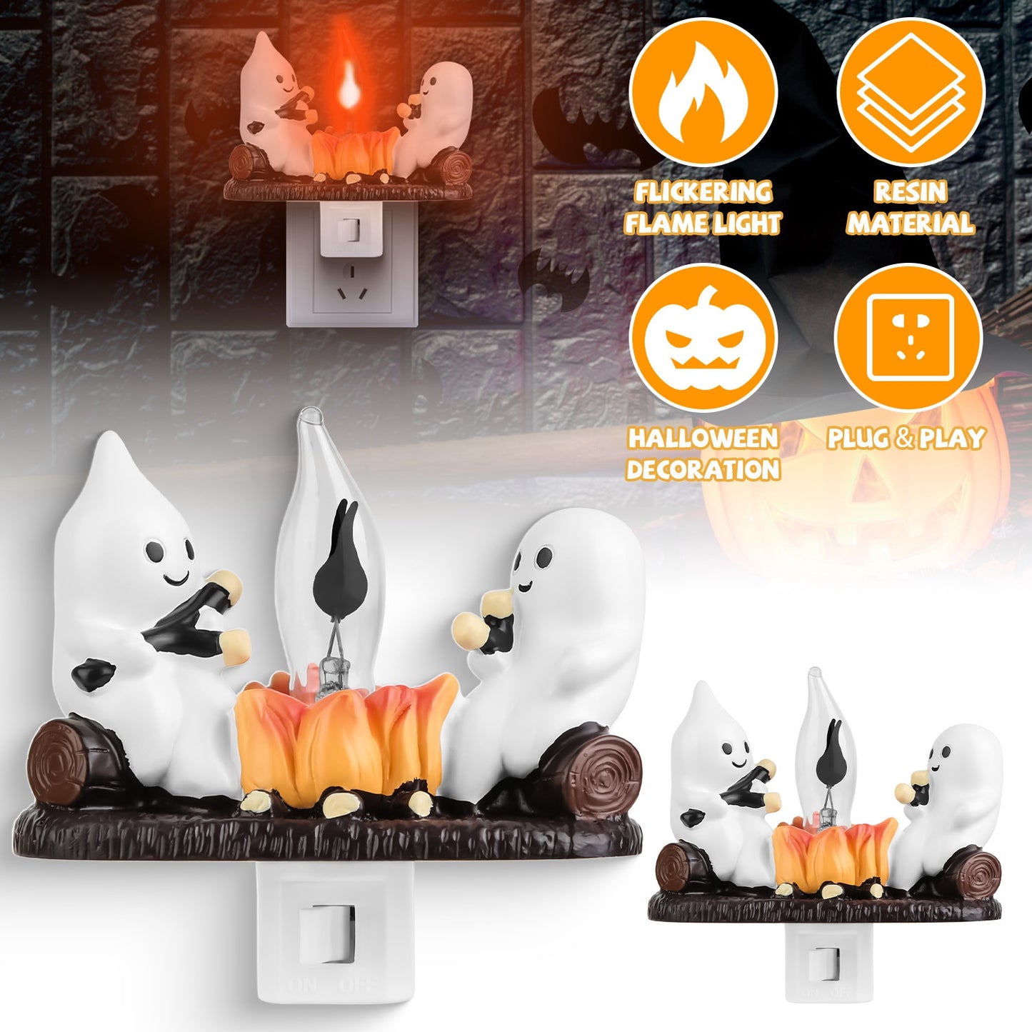 2Pcs Ghost Campfire Flickering Flame Night Light Indoor 3D Funny Halloween Nightlight Decoration Bedroom Night Light Halloween Decoration Gift For Fri