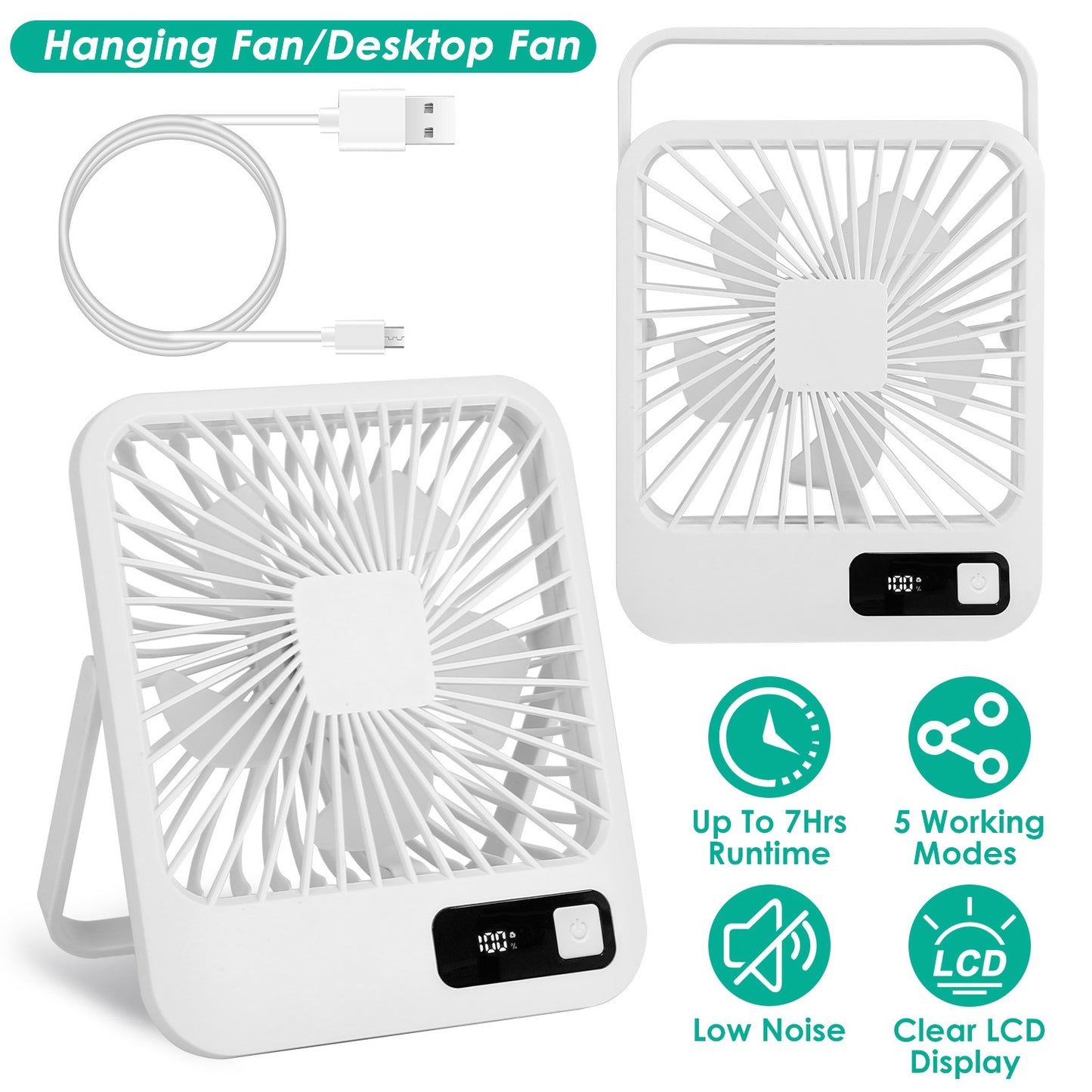 Mini Desktop Cooling Fan Rechargeable Battery Powered Personal Fan Speed Adjustment Strong Airflow Quiet Travel Fan with LCD Display for Home Office T