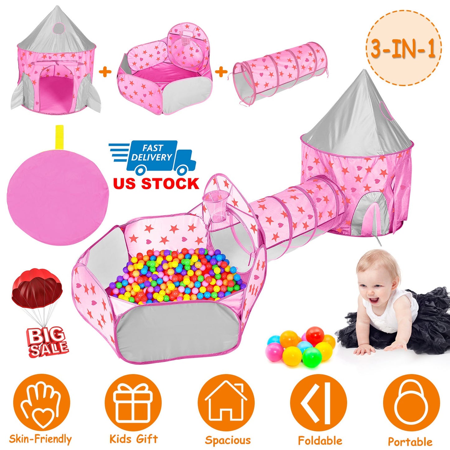 3 In 1 Child Crawl Tunnel Tent Kids Play Tent Ball Pit Set Foldable Children Play House Pop-up Kids Tent w/Storage Bag For Indoor Outdoor Travel Use